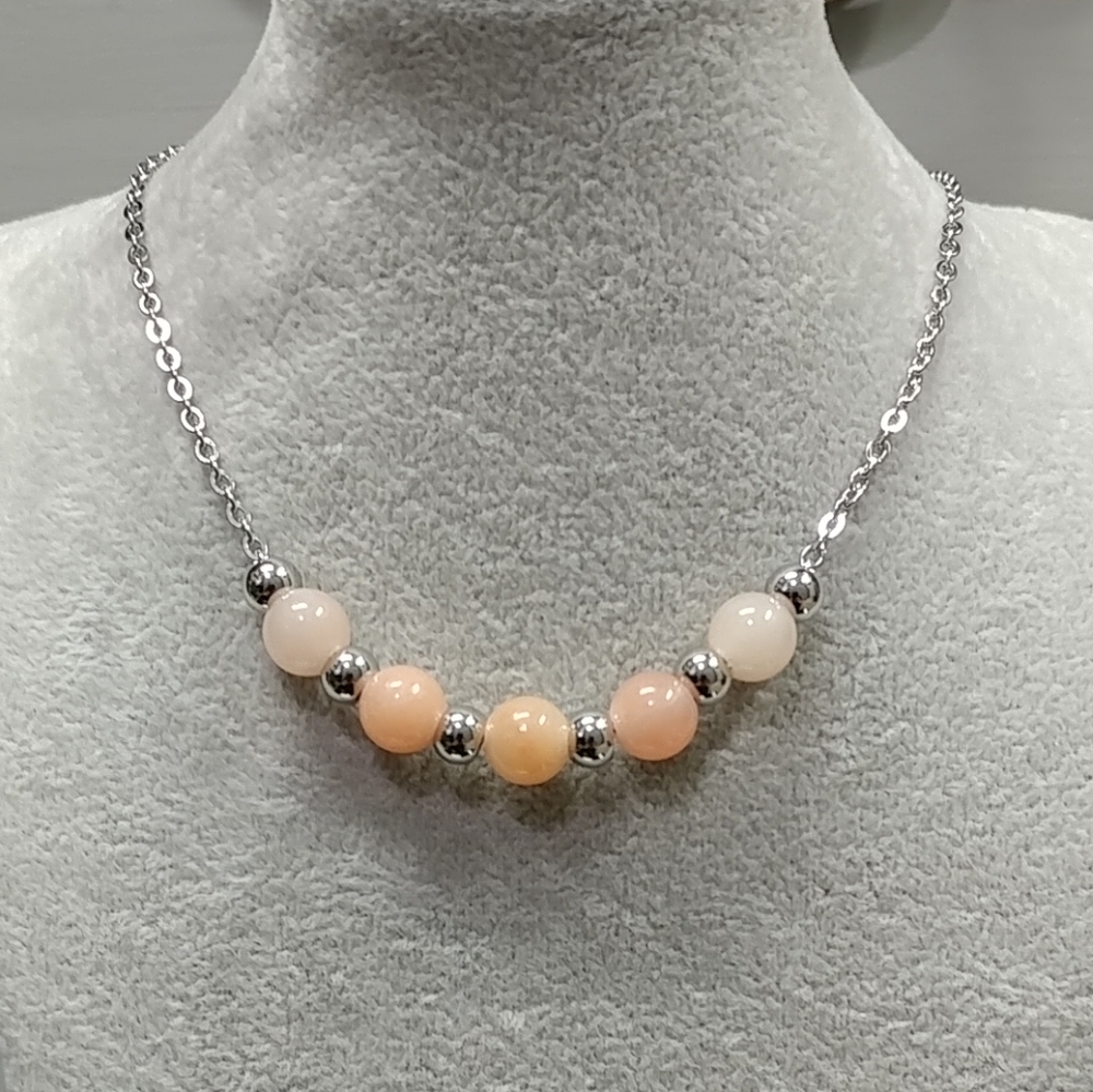 Peach Aventurine Necklace Natural Gemstone Beads Stainless-Steel Chain 20"